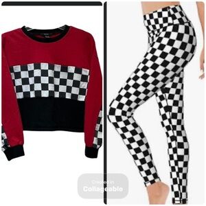 Red and Checkered Crop Top sweatshirt and Leggings Set